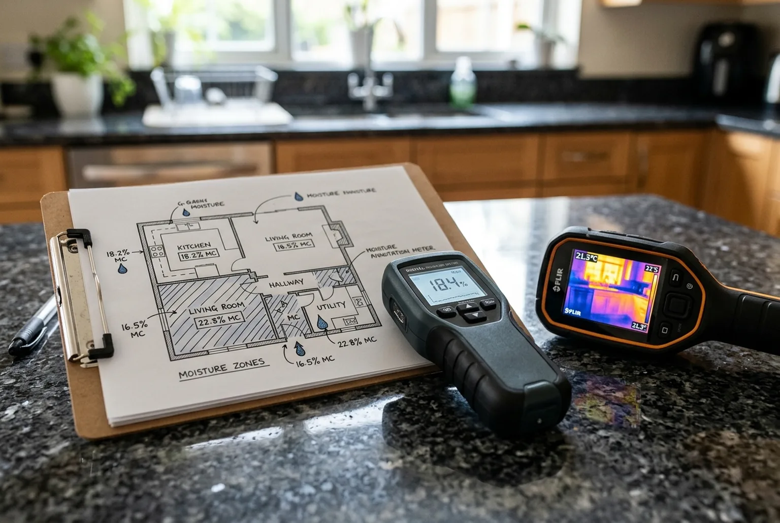 Clipboard with a moisture map beside a moisture meter on a kitchen counter