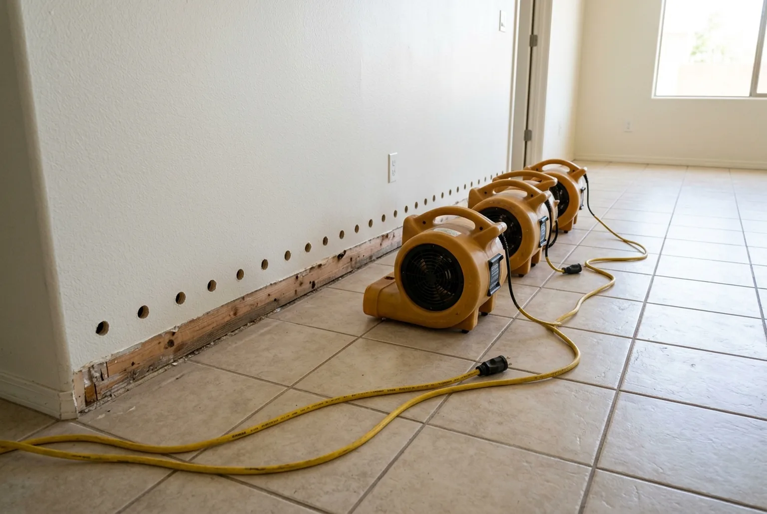 Fans aimed at a drywall wall with the baseboards removed and drying holes drilled