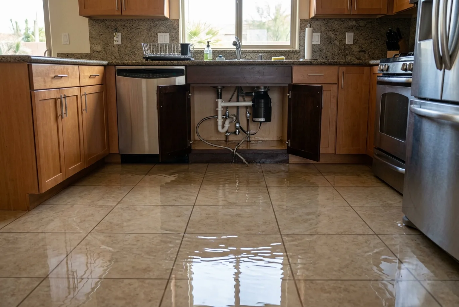 Standing water on a tile kitchen floor after a supply line failure