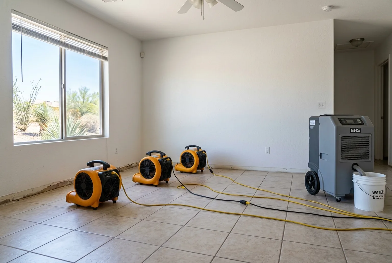 Floor fans and a dehumidifier drying a living room with the baseboards removed
