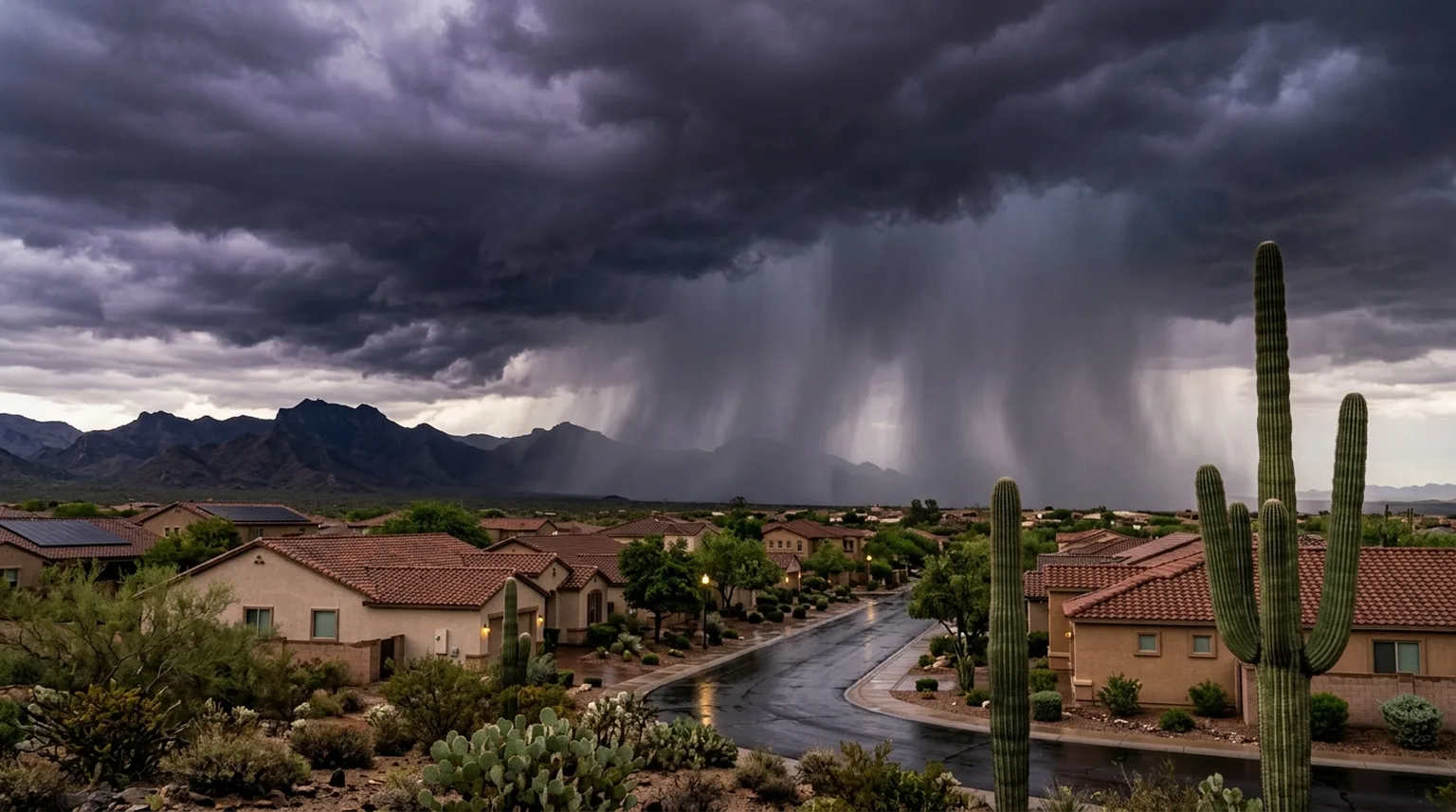 Monsoon storm clouds over desert suburban rooftops in Arizona
