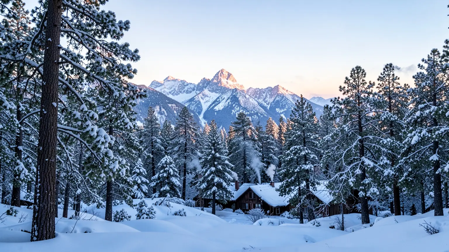 Snow on ponderosa pines with the San Francisco Peaks