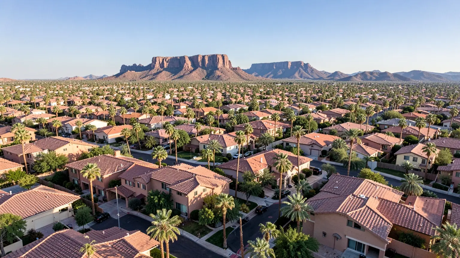 Phoenix Valley suburb rooftops with Camelback Mountain