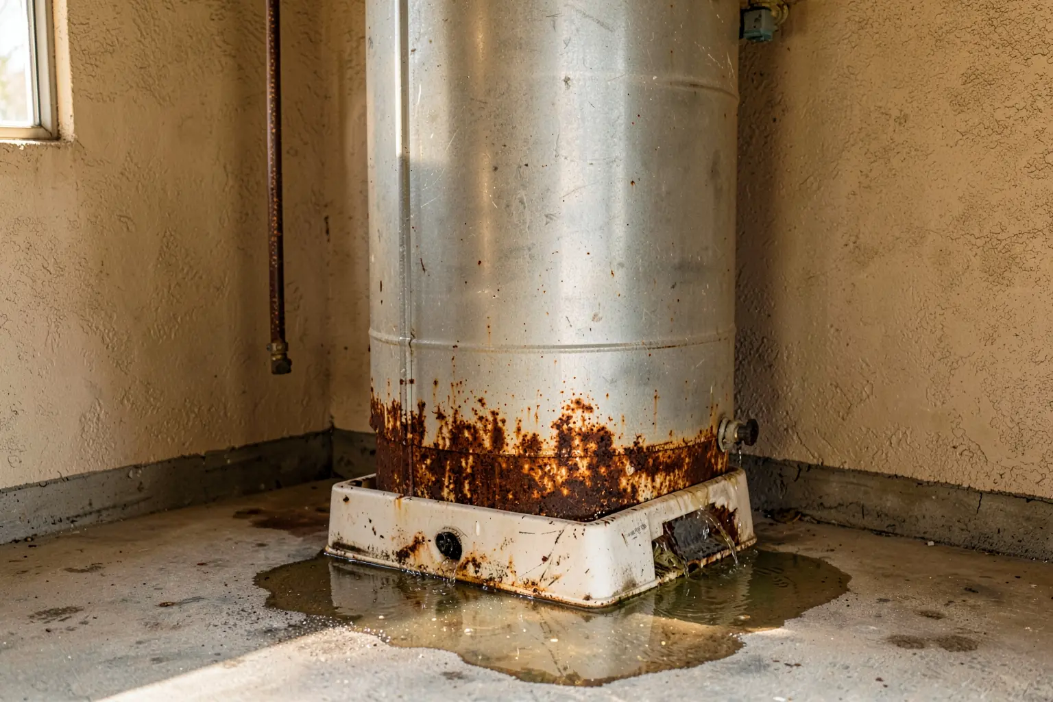 Water heater leaking from the base in a garage