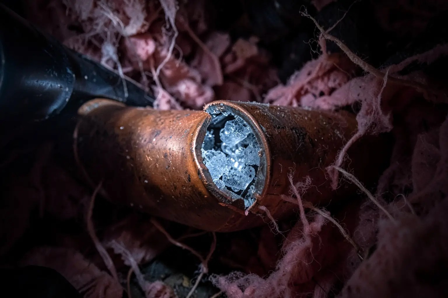 Split copper pipe with frost in a cabin crawlspace