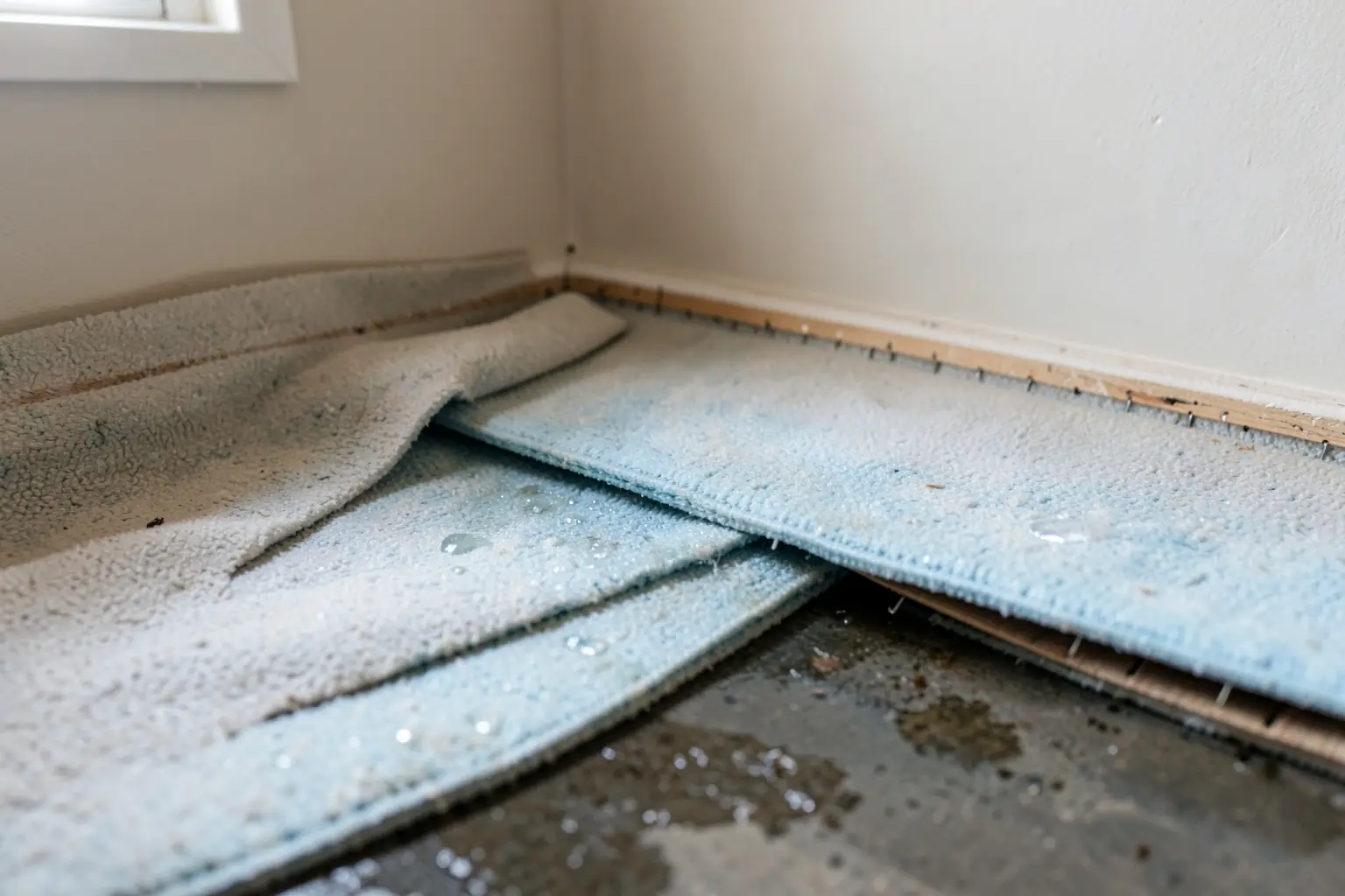 Wet carpet pulled back to show soaked pad and tack strip