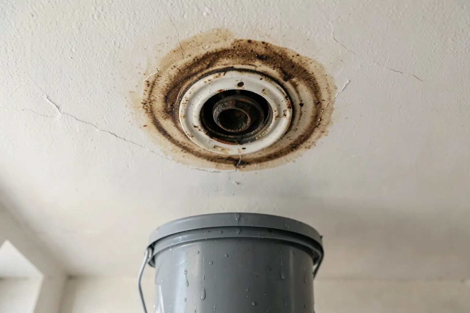 Brown water stain spreading on a textured ceiling