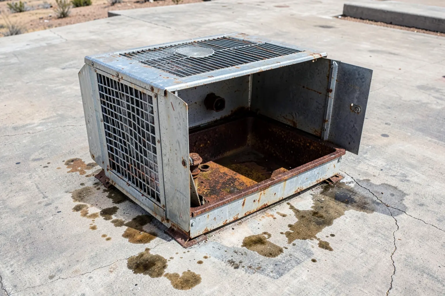 Rooftop evaporative cooler with a rusted pan
