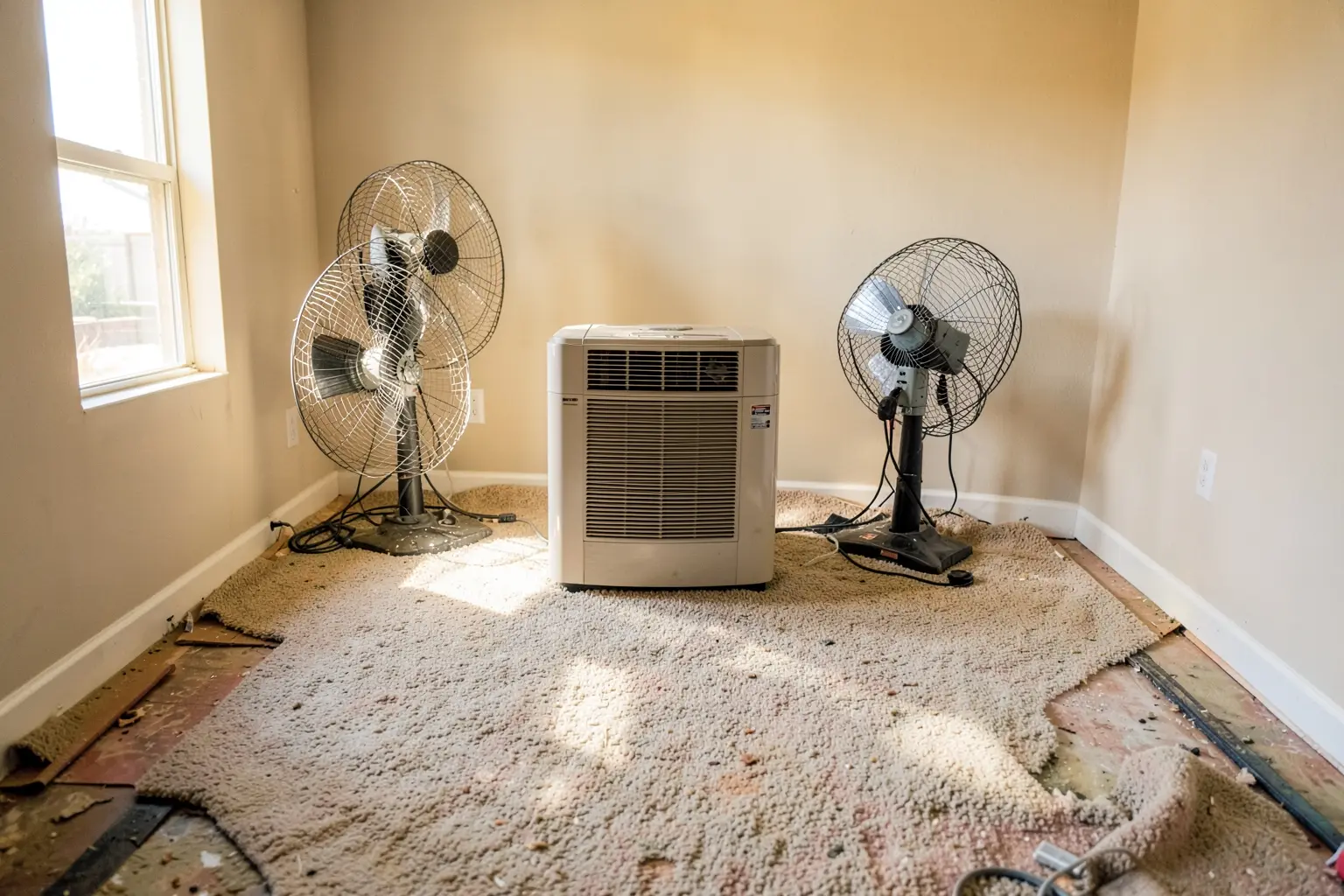 Commercial dehumidifier and air movers drying a bedroom