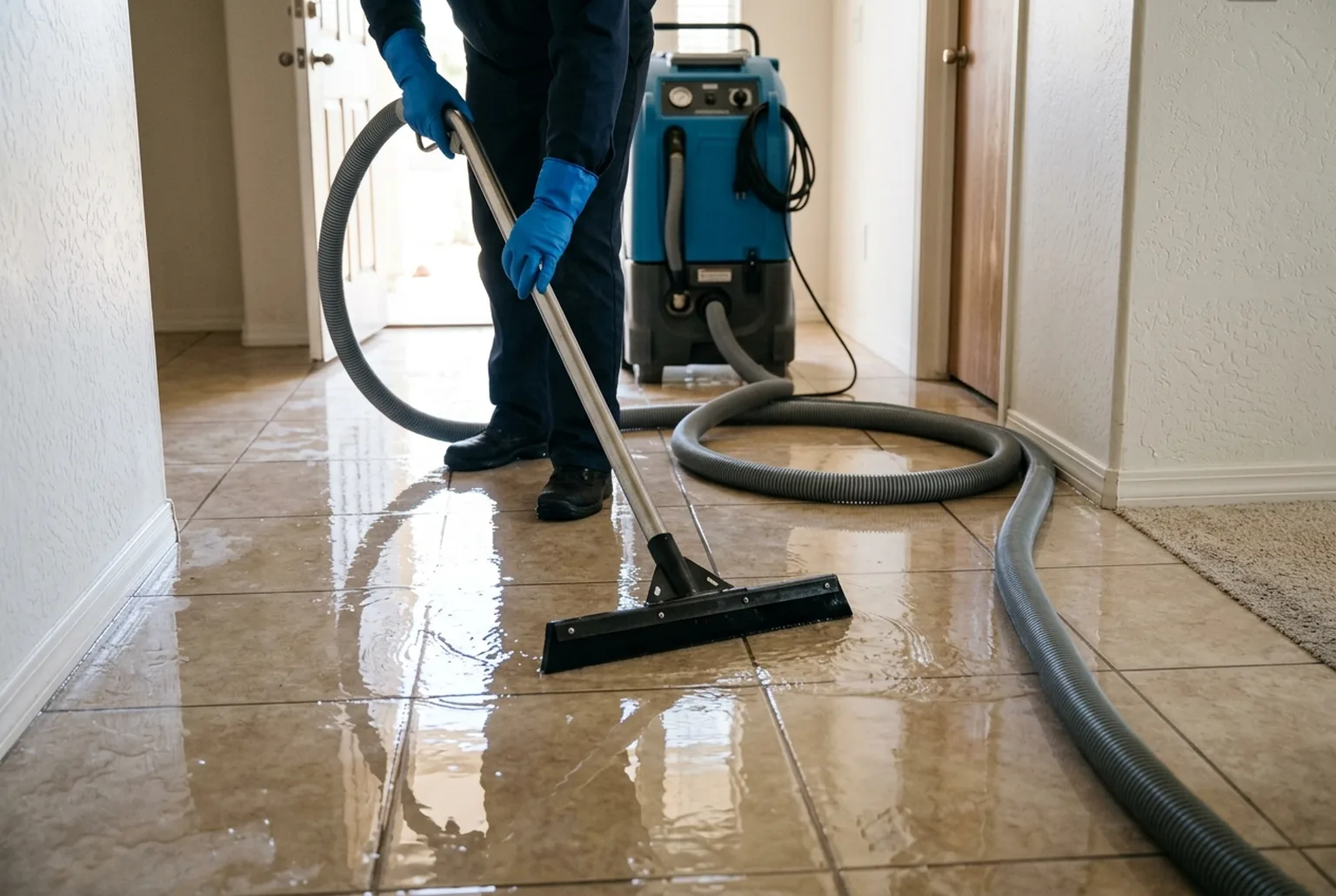 Portable pump extracting standing water from a tile floor