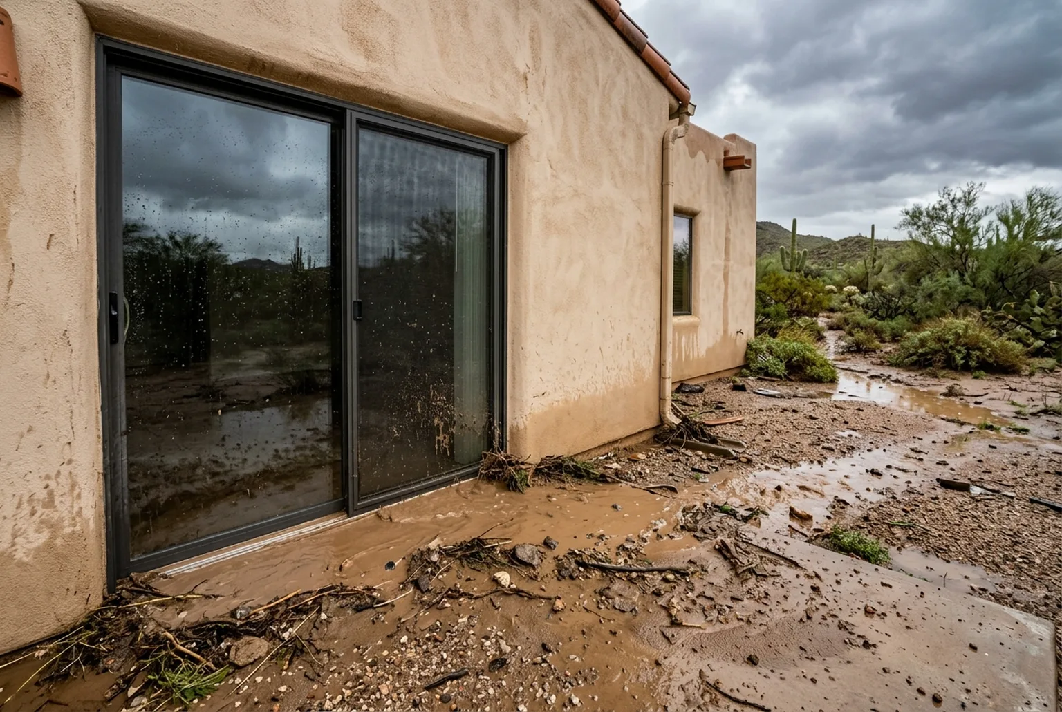 Monsoon floodwater at a patio slider door