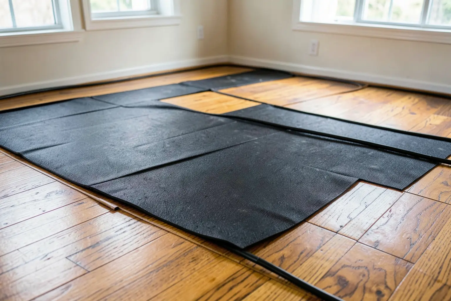 Cupped hardwood flooring with a floor drying mat