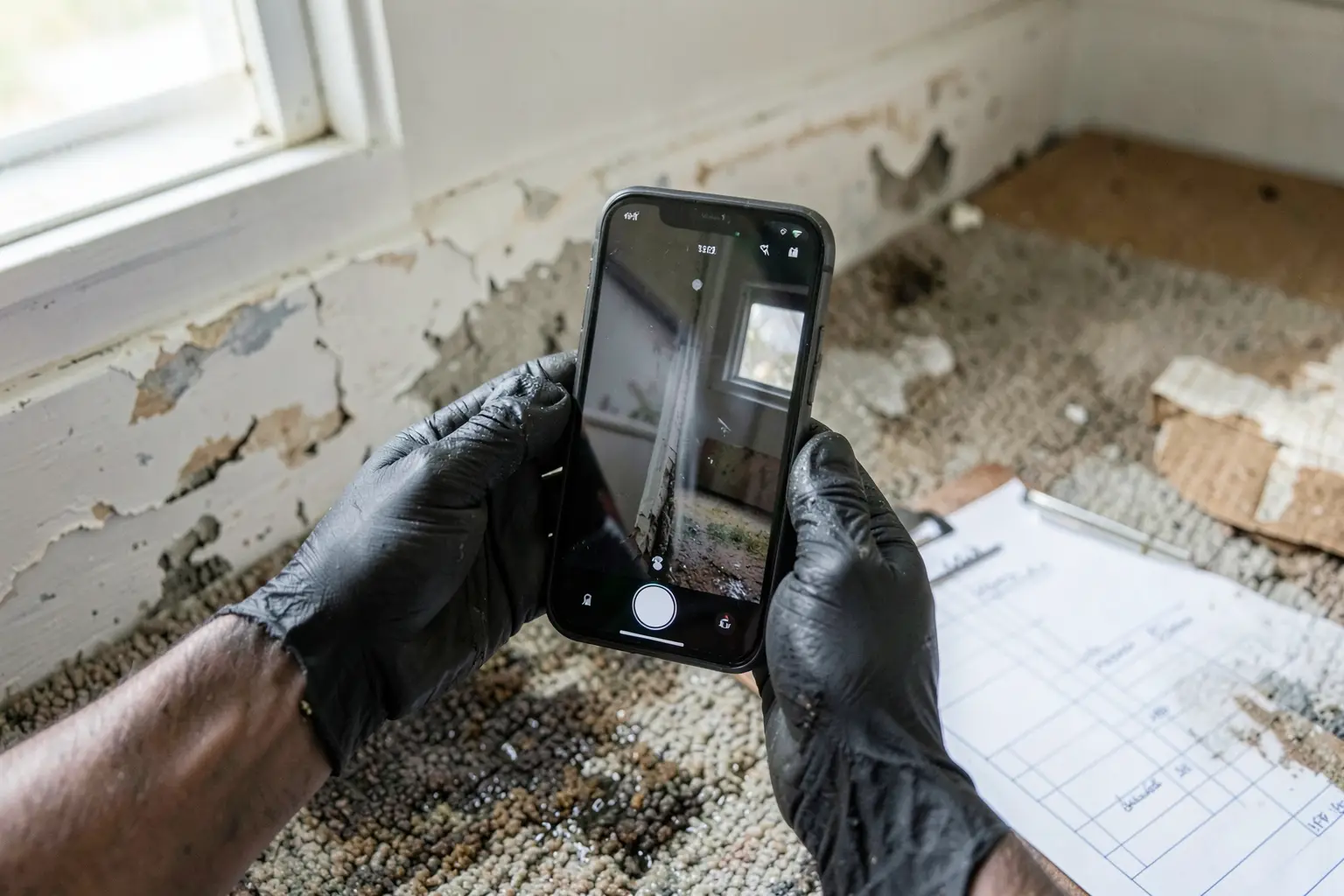 Hands photographing water damage with a phone for an insurance claim