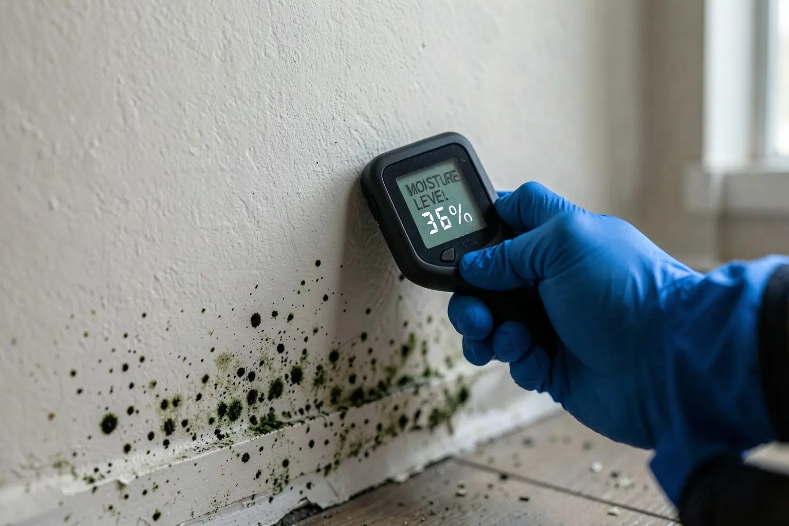 Mold spots on drywall behind a removed baseboard
