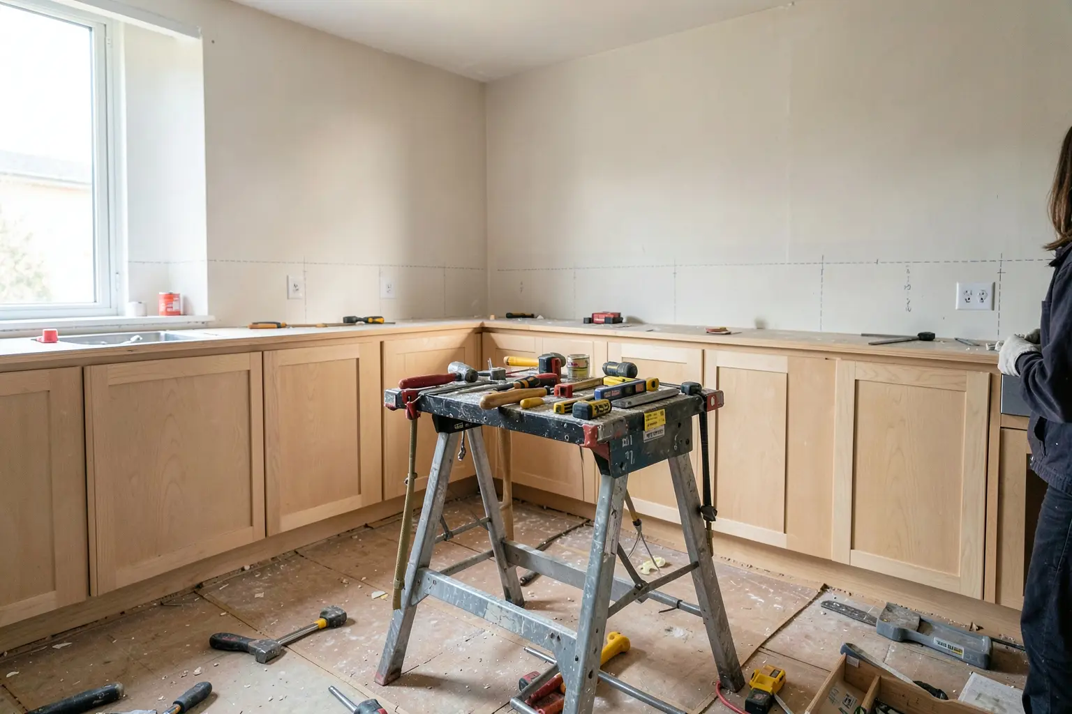 New cabinets and drywall being installed after water damage