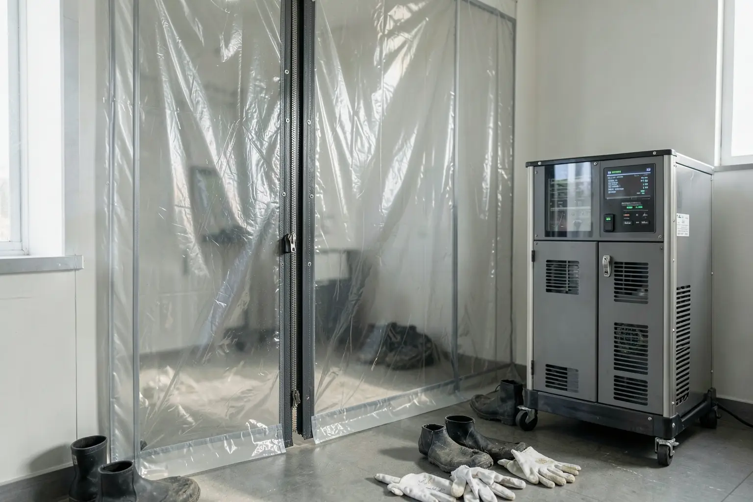 Containment and protective equipment set up for sewage cleanup