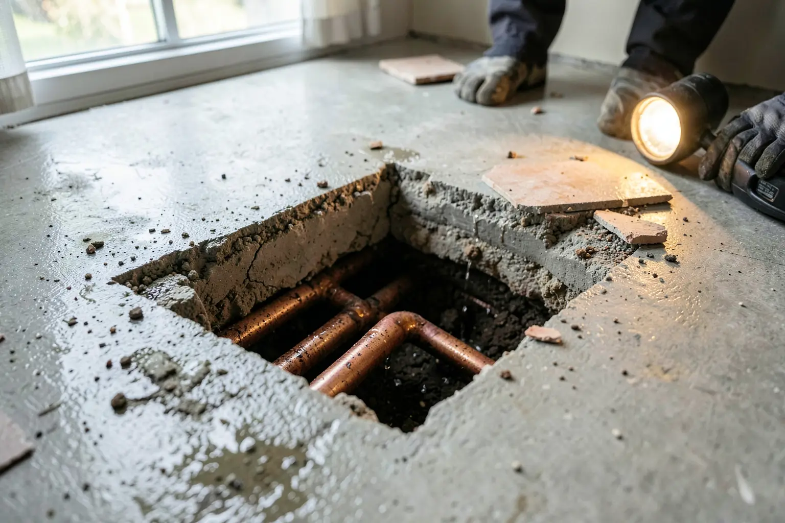 Opened concrete slab showing a leaking copper line